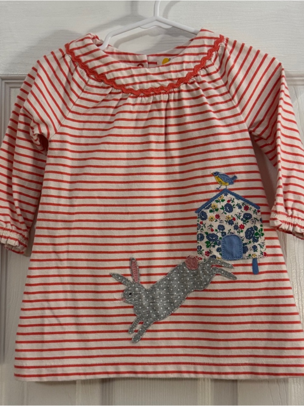 Mini Boden Red & White Striped Long-Sleeve Dress with Bunny & Birdhouse Appliqué